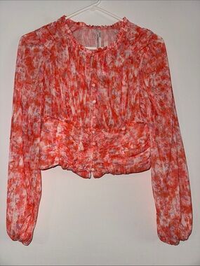 Anthropologie Orange and White Tie-Dye Button-Front Cropped Blouse